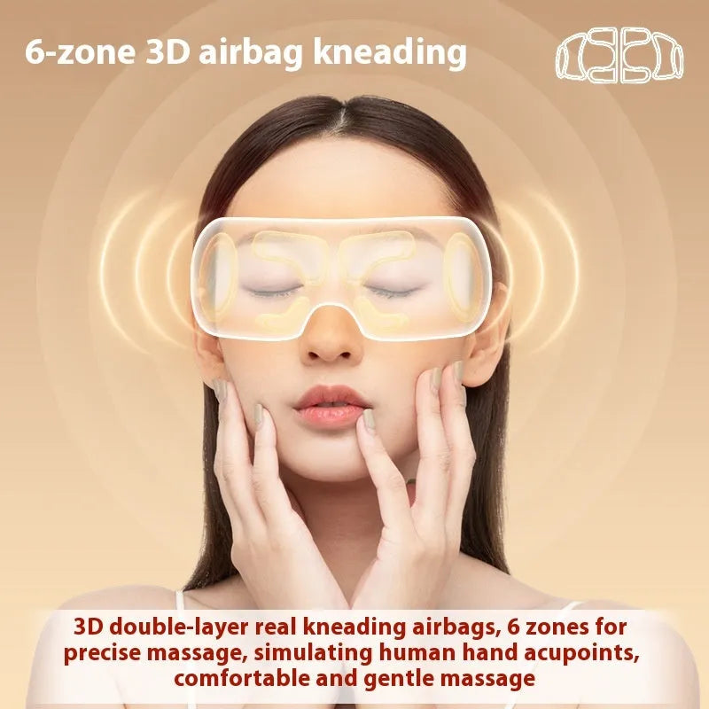 White rechargeable eye massager with airbag massage and hot compress functions for eye fatigue relief