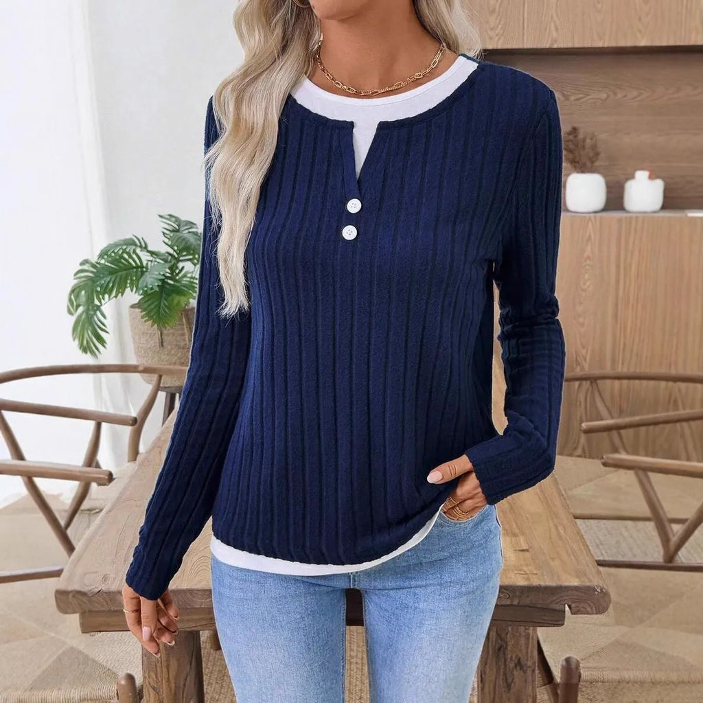 Women's fake two-piece pullover sweater with concave stripe polyester fabric and grinding texture pattern
