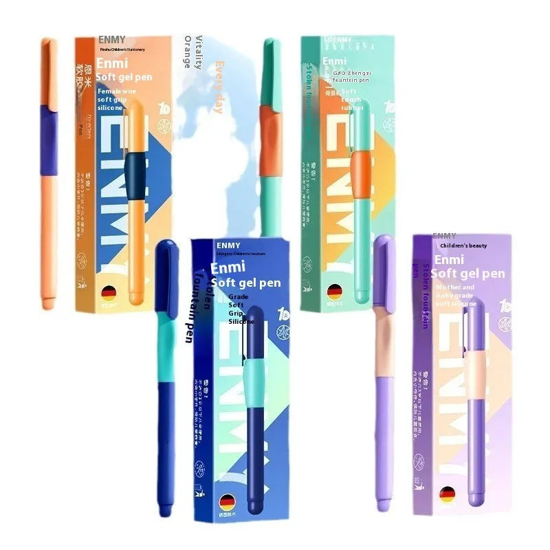 Plastic posture correction pen shown in blue, green gradient, purple, and orange colour options, displayed in its box.