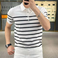 Black and white striped lapel knitted t-shirt laid flat, showing pullover style and non-ironing finish.