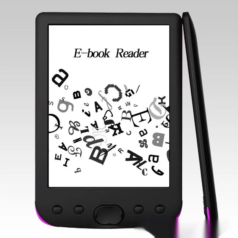Black 6-inch E-ink e-book reader on a table showing its screen and compact size.