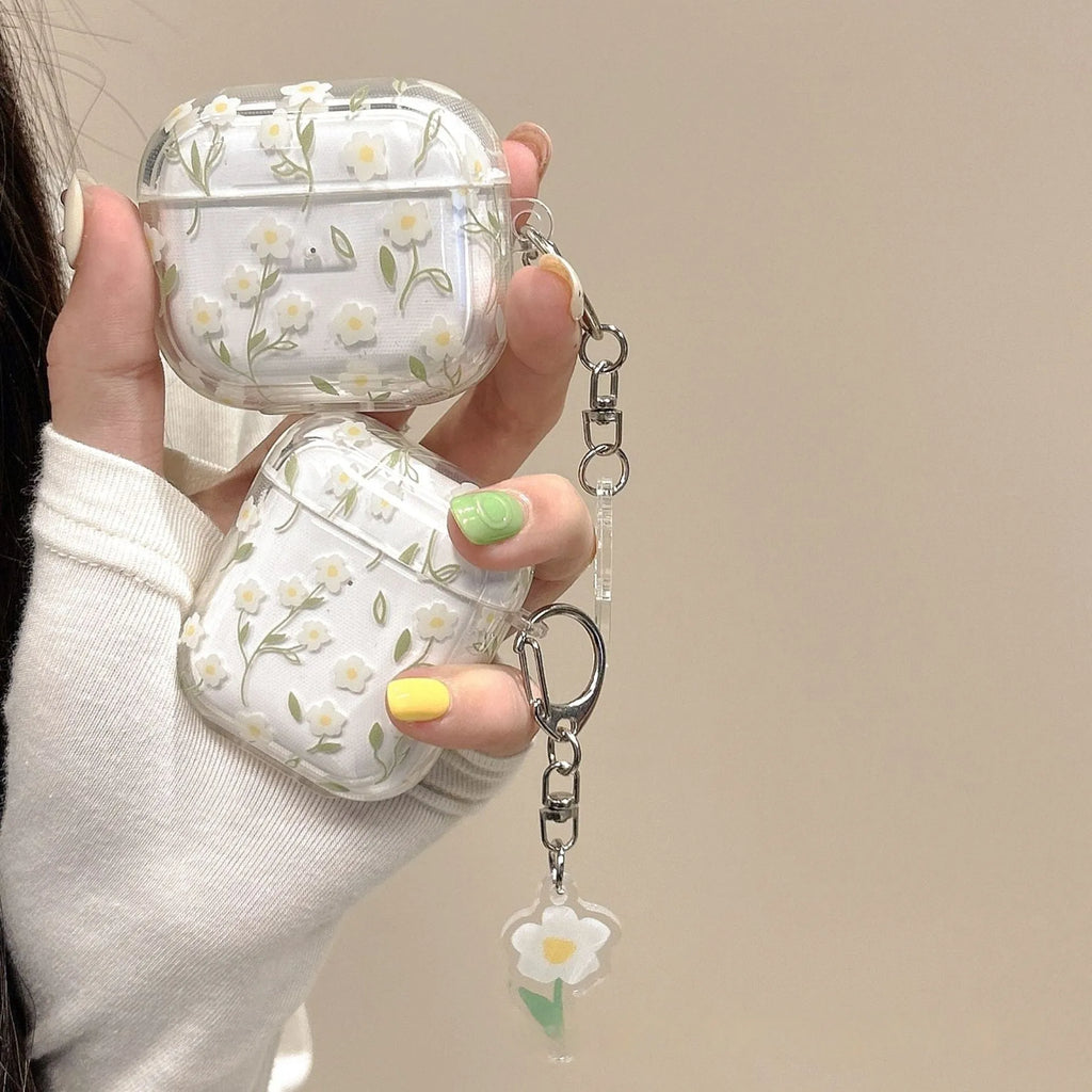 White floral design on a clear TPU protective cover for Apple AirPods case