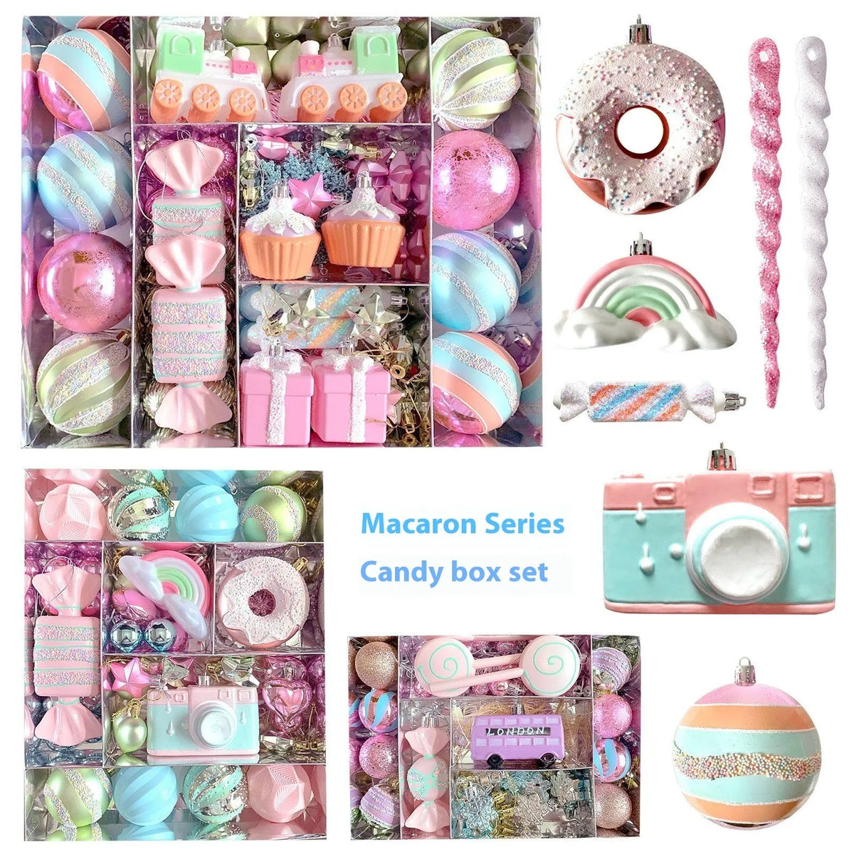 Macaron candy Christmas tree pendant set, plastic painted decoration in 34, 58 or 80 candy packs