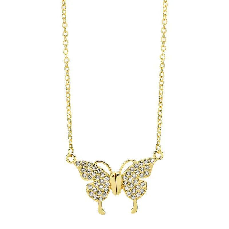 Gold titanium steel necklace with butterfly pendant on twisted chain and magnetic clasp.