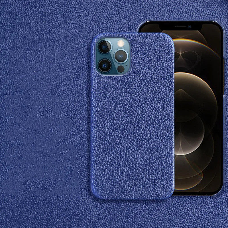 Brown genuine leather iPhone case with half-split design on iPhone 14 Pro