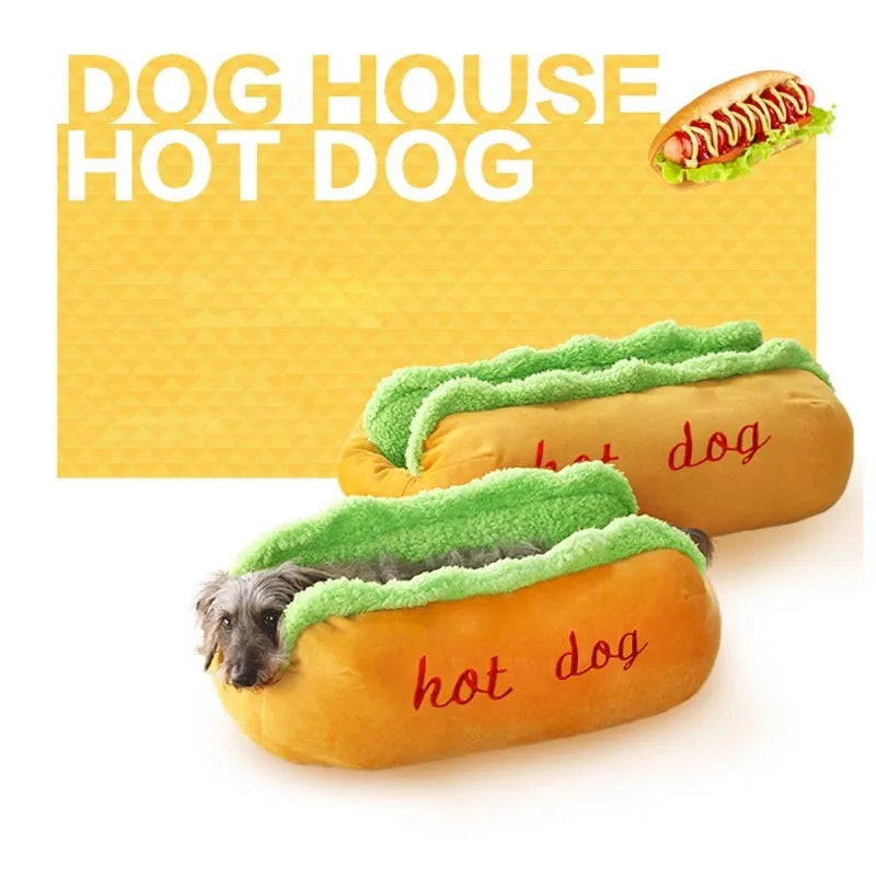 Soft flannelette hot dog bed for pets with removable cushion and anti-slip base in multiple sizes.