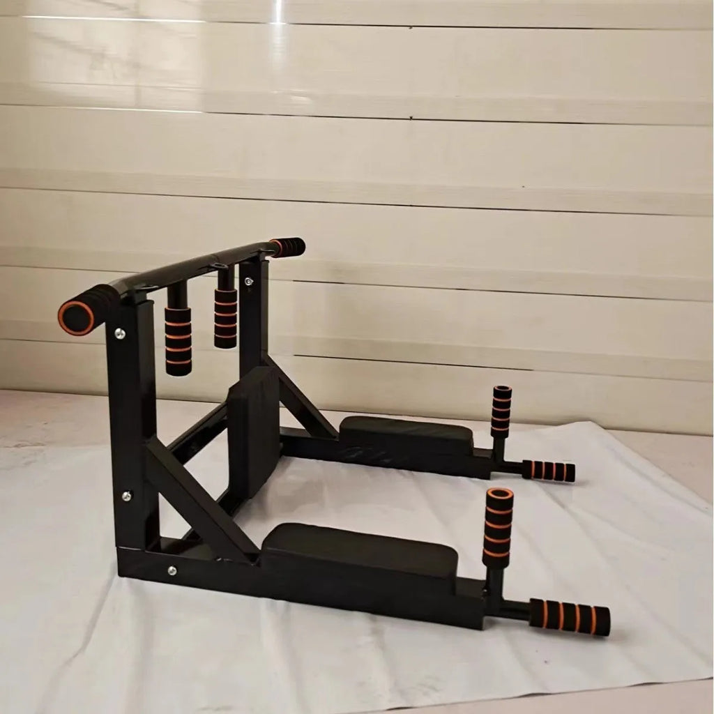 Black wall-mounted fitness equipment with sandbag rack and integrated parallel pull-up bars