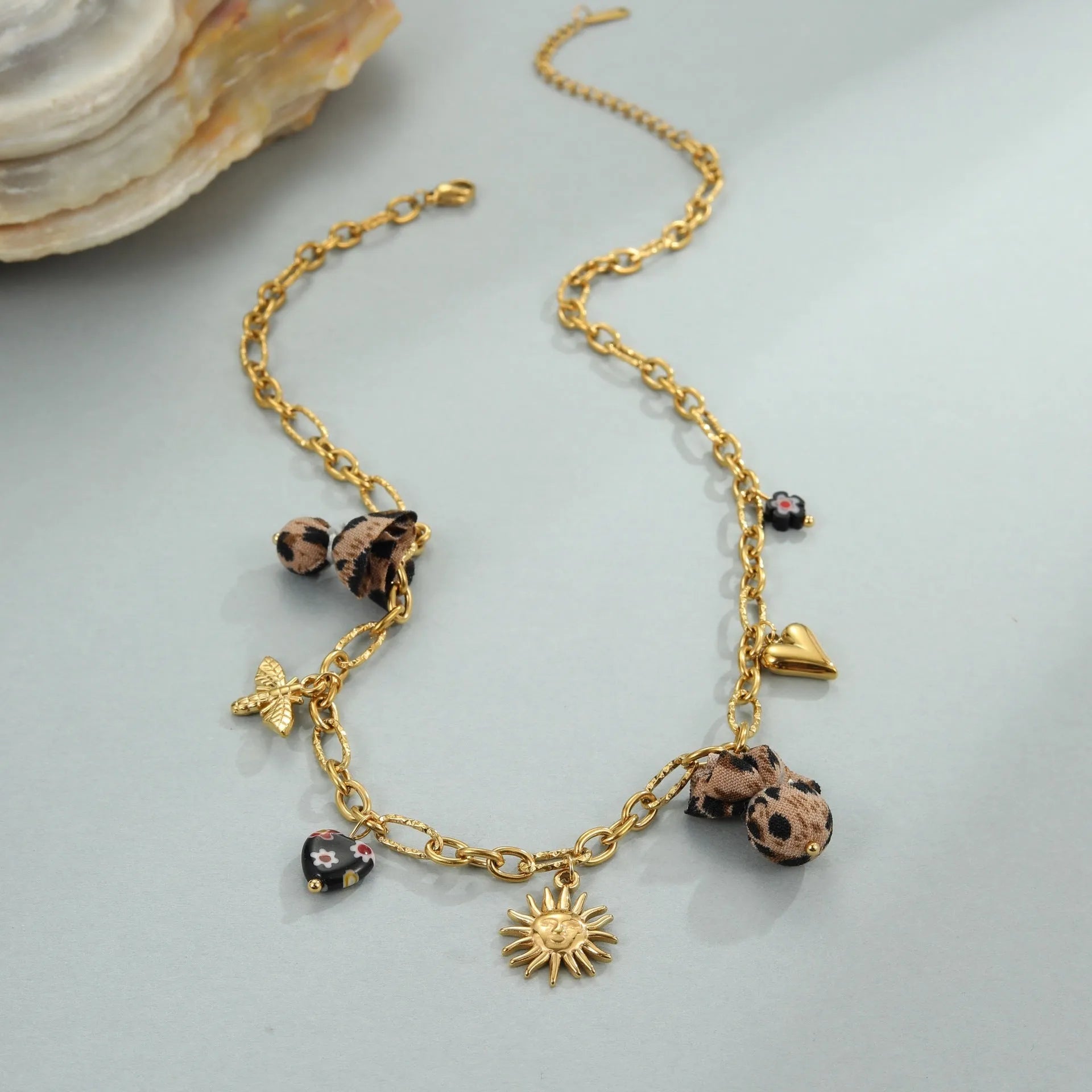 Women's stainless steel necklace with geometric leopard love heart flowers pendant on adjustable chain