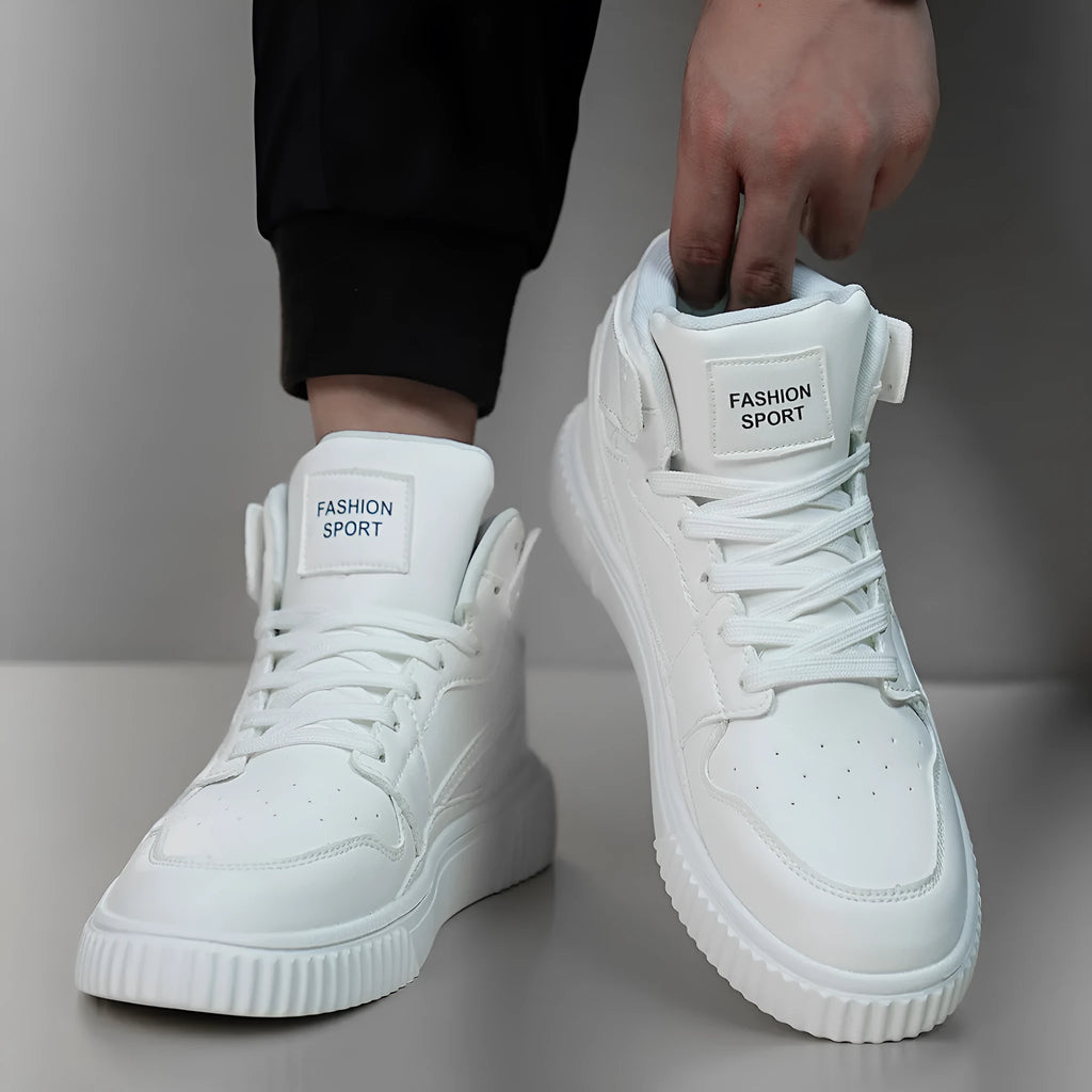 Men's solid white round-toe casual lace-up shoes with a microfiber upper.