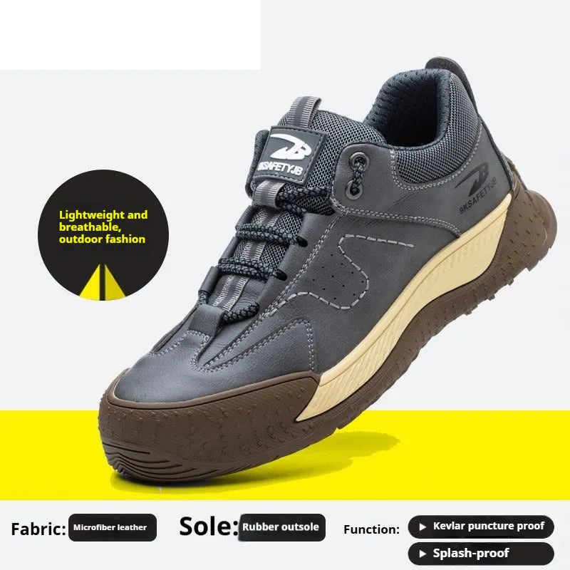 Flyknit leather safety work shoes with rubber sole in black, shown in a side profile.