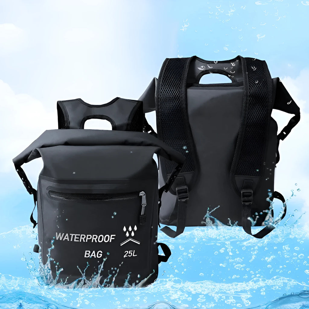 Black 25L waterproof backpack for outdoor water activities