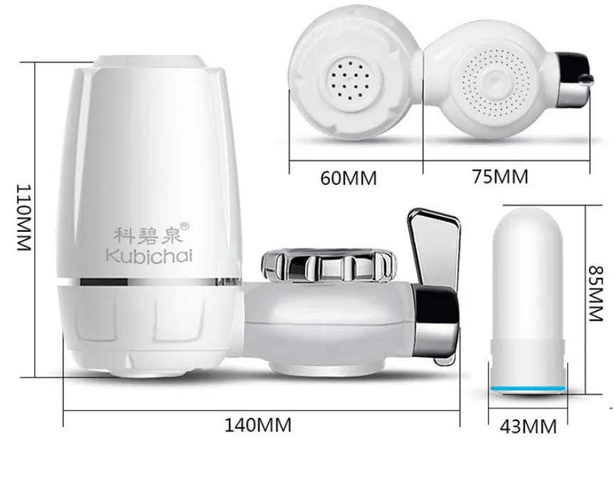 White faucet-mounted water purifier with ceramic filter and adapter kit for kitchen tap installation.