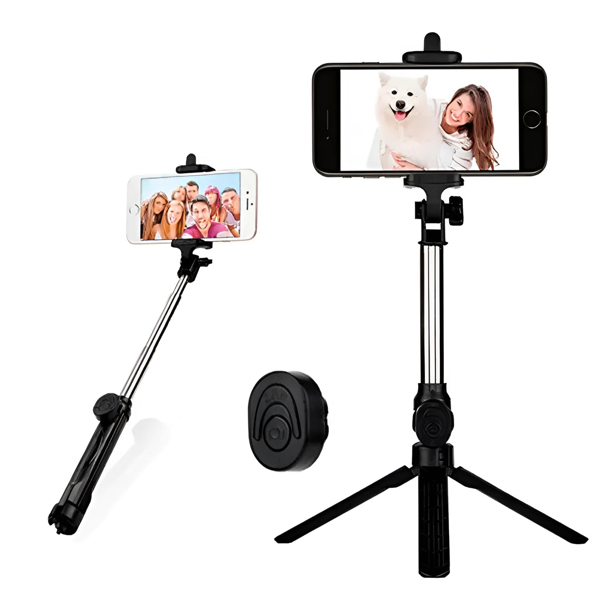 Black Bluetooth selfie stick with extended tripod legs and a phone clip rotated for horizontal filming.