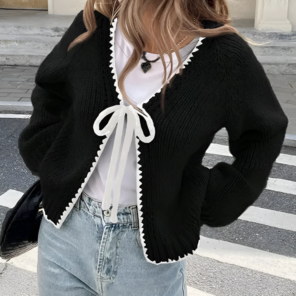 Gray lace-up sweater cardigan with crocheted flower decorations and loose long sleeves