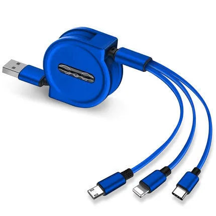 3 in 1 telescopic charging cable with 120 cm TPE cable and titanium alloy connectors in multiple colours
