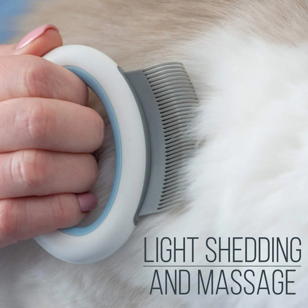 Curved pet grooming comb for cats and dogs with soft teeth and plastic handle