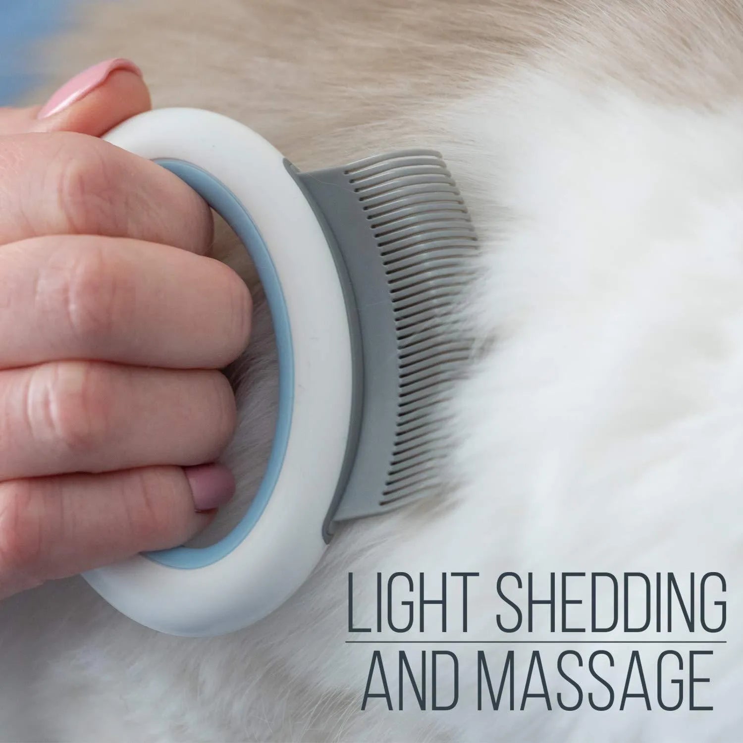 Curved pet grooming comb for cats and dogs with soft teeth and plastic handle