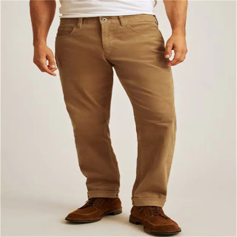 Corduroy straight leg trousers in green colour with loose casual fit and mid-waist design