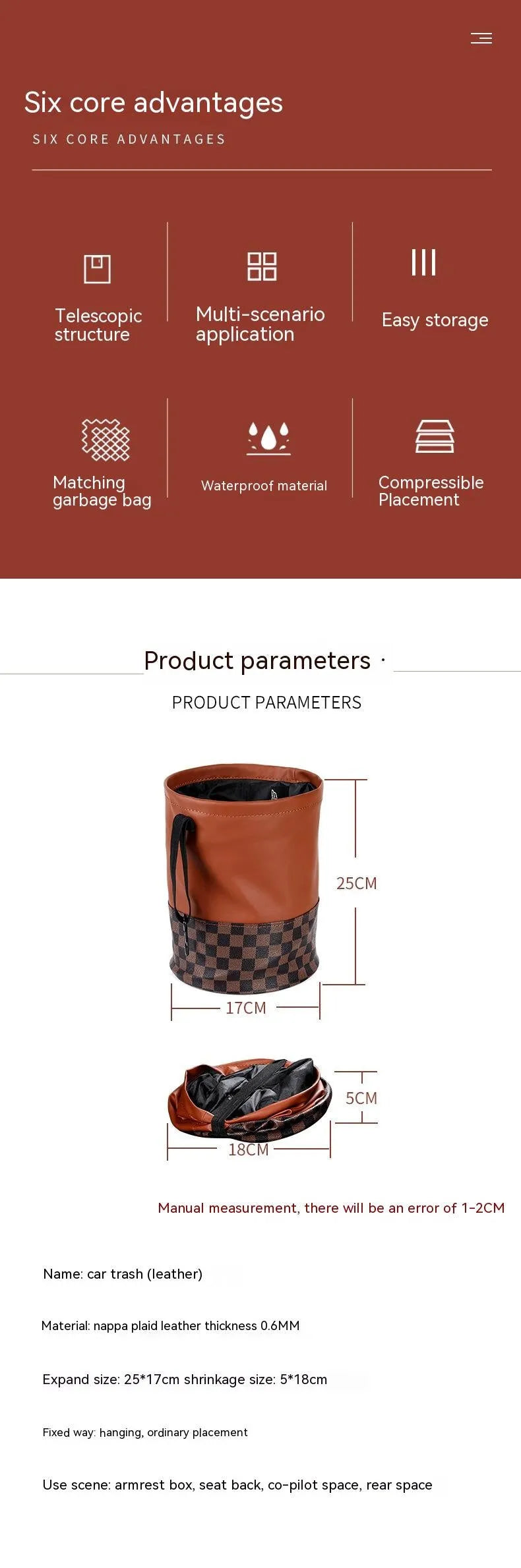 Retractable leather car trash can shown in folded and open states with handle.