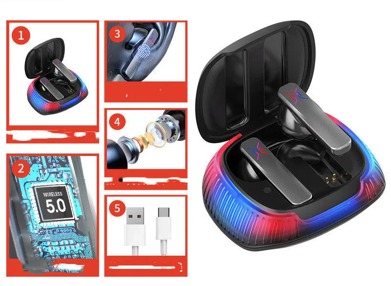Hall Flashing wireless in-ear gaming headset in black or white colour with Type-C cable.