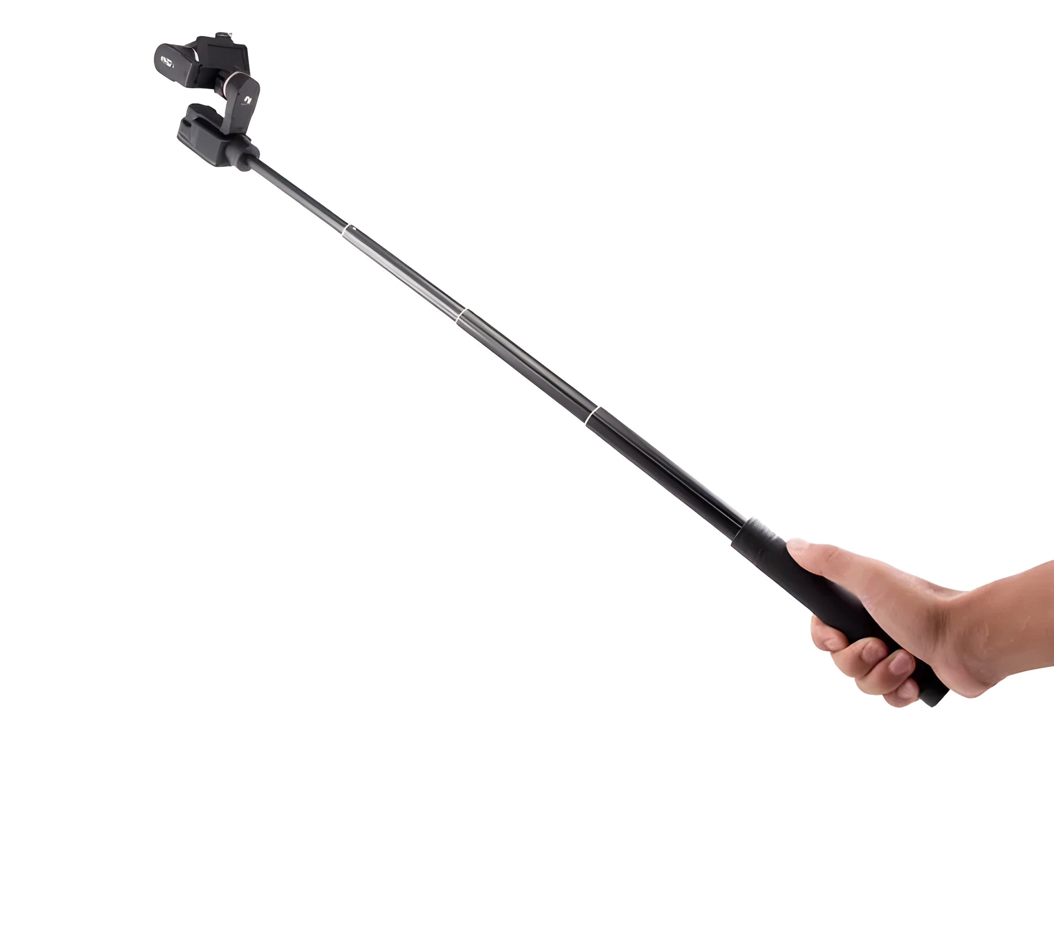 Black retractable selfie stick extended with phone in holder and visible wrist strap.