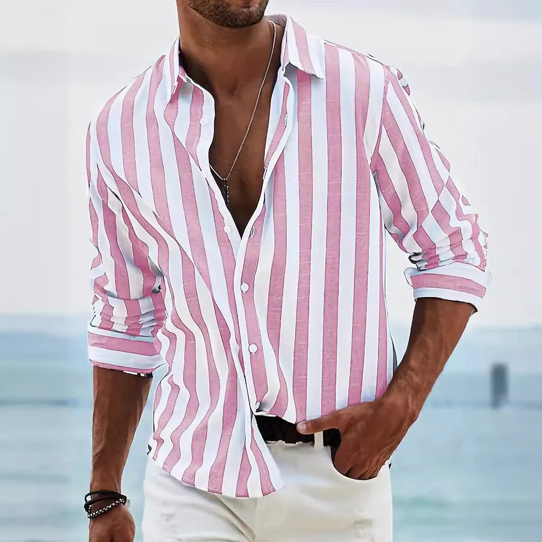 Men's yarn-dyed striped casual shirt in British-style loose fit with long sleeves