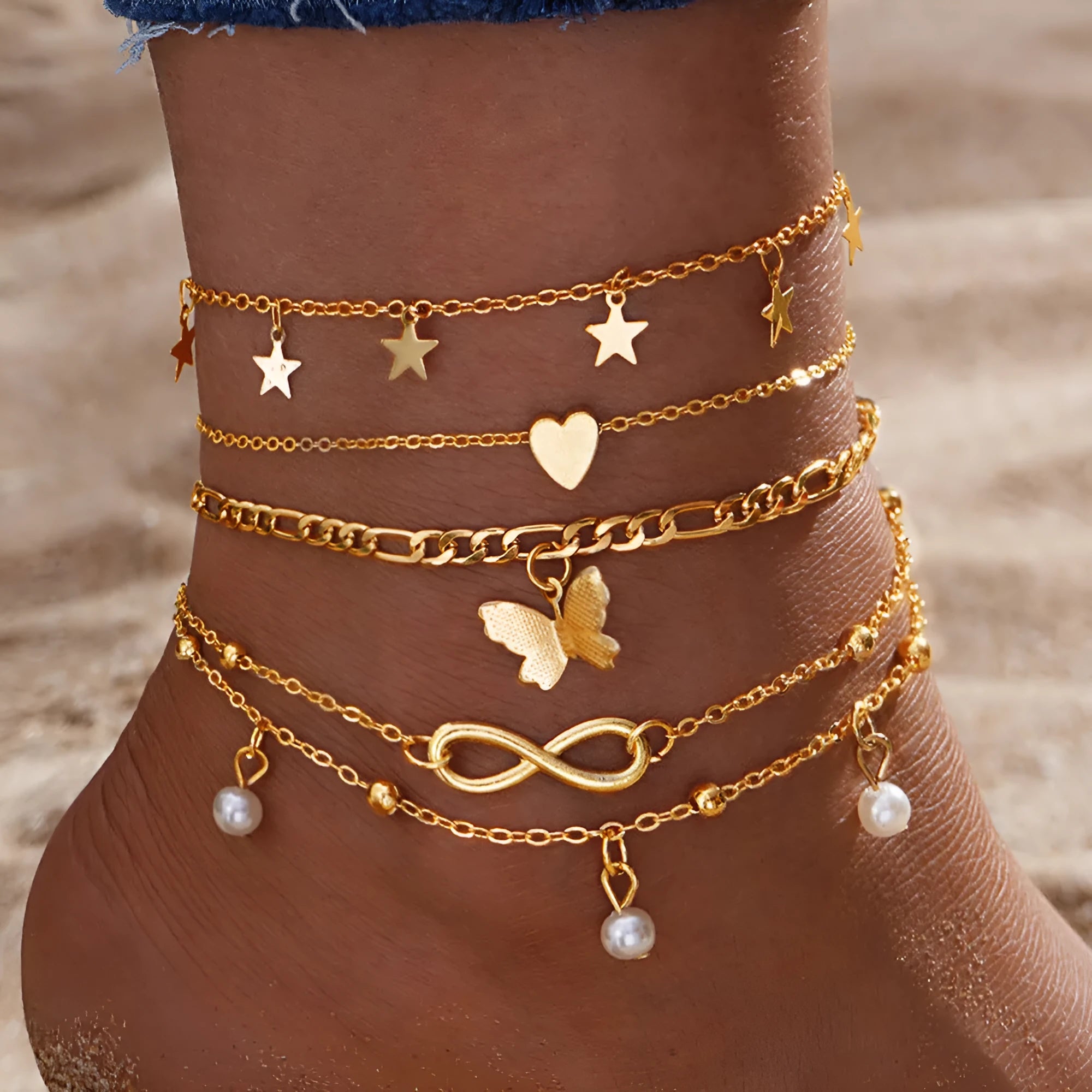 Women's butterfly pearl heart anklet 4-piece set in alloy with adjustable clasps