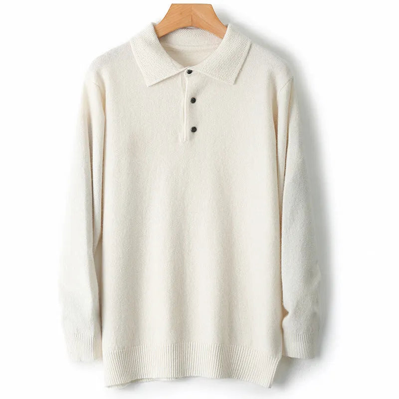 Men's wool polo collar sweater pullover in noble blue colour showing long sleeves and collar detail