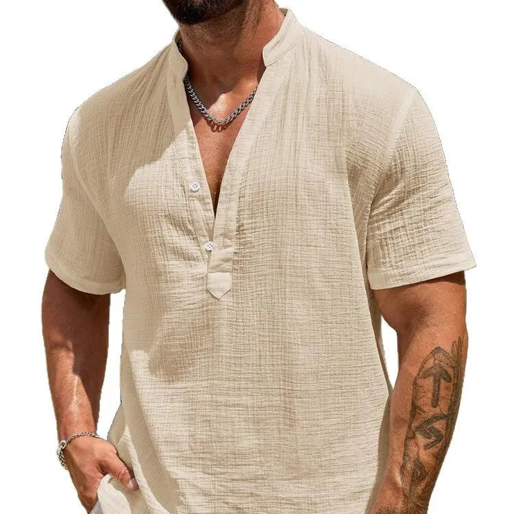 Men's solid colour short-sleeved shirt with stand collar in regular fit