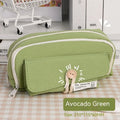 Korean style canvas pencil case in green, beige, blue, or grey, showing large capacity for pens.