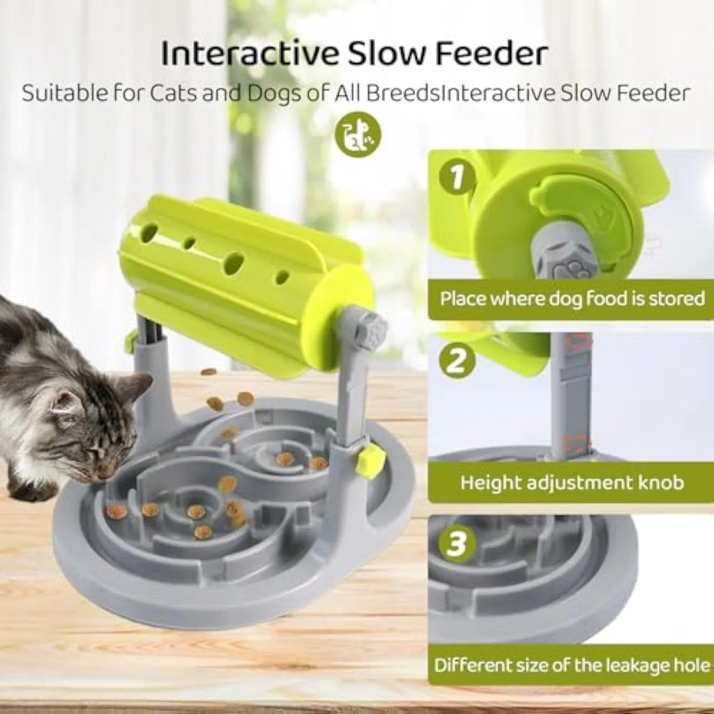 Interactive pet food puzzle slow feeder bowl in blue, green, or pink with adjustable height for dogs and cats