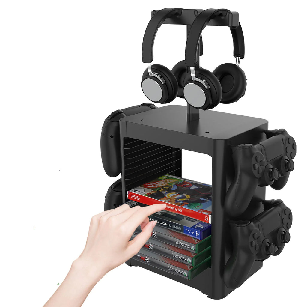 Black ABS gaming accessory storage rack with headphone top, side hooks for controllers, and a bottom drawer.