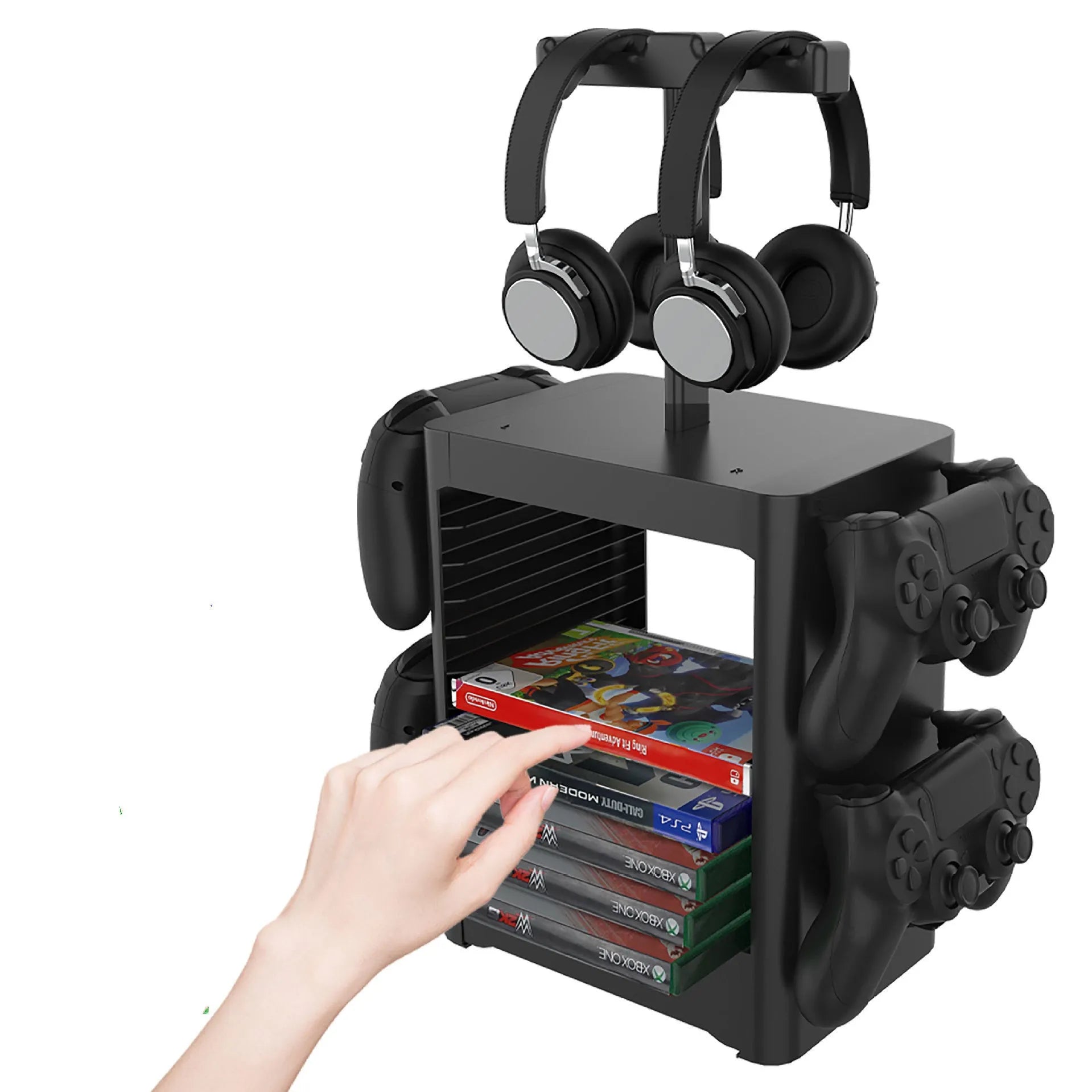 Black ABS gaming accessory storage rack with headphone top, side hooks for controllers, and a bottom drawer.