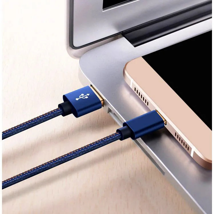 Cowboy-style denim braided USB-C charging cable in black with aluminium connectors.