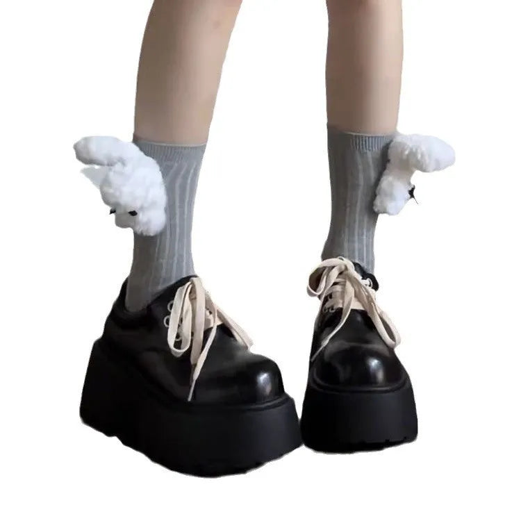 Retro British matte black high heel shoes with thick sole and lace-up buckle design for women