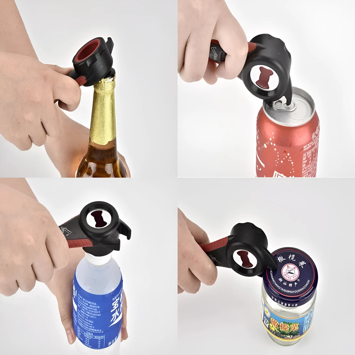 5 in 1 stainless steel can opener and bottle opener, 14.5 cm, with PP handle in black, green, purple, or white