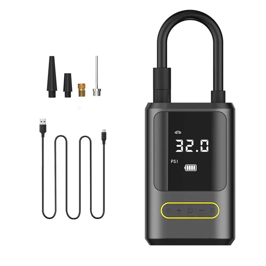 Black handheld wireless digital tyre inflator with LED display and flexible hose on a grey background.