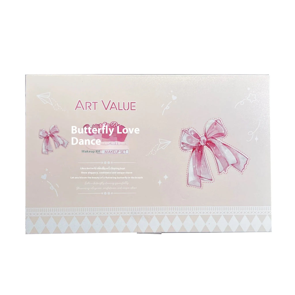 Butterfly box themed makeup set with matte lip mud, powder blusher, and necklace