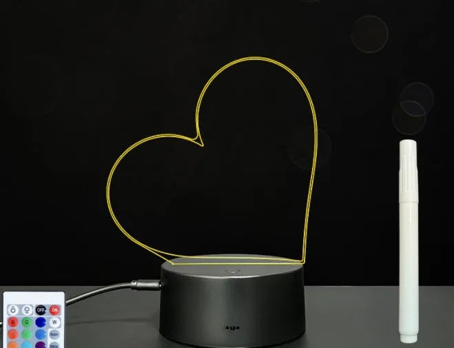 3D handwritten acrylic message board night light with black base and remote control displaying glowing text