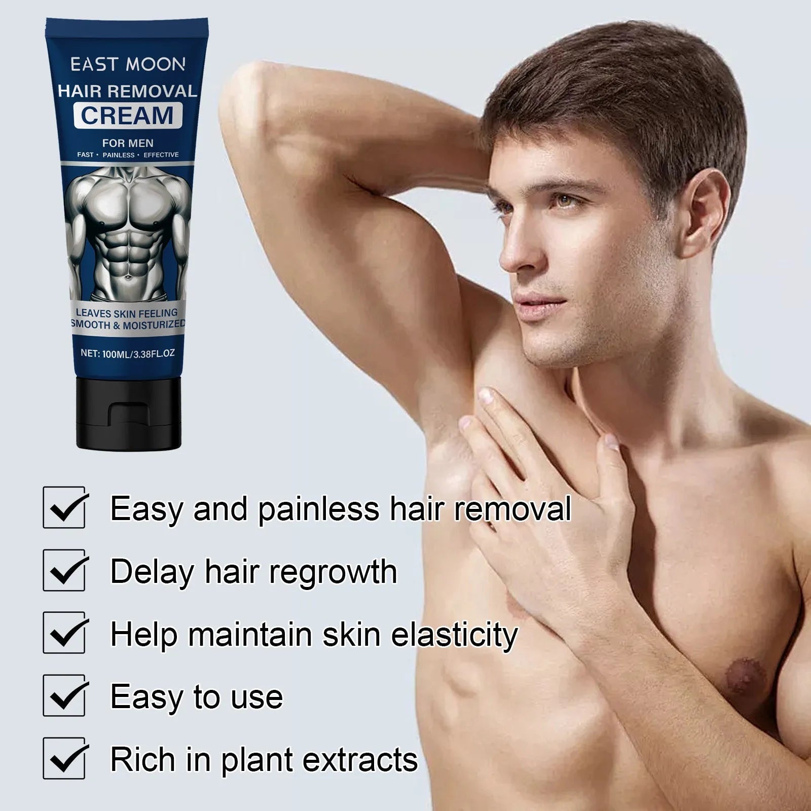 100ml tube of men's hair removal cream for beard, armpit, leg, and hand use.