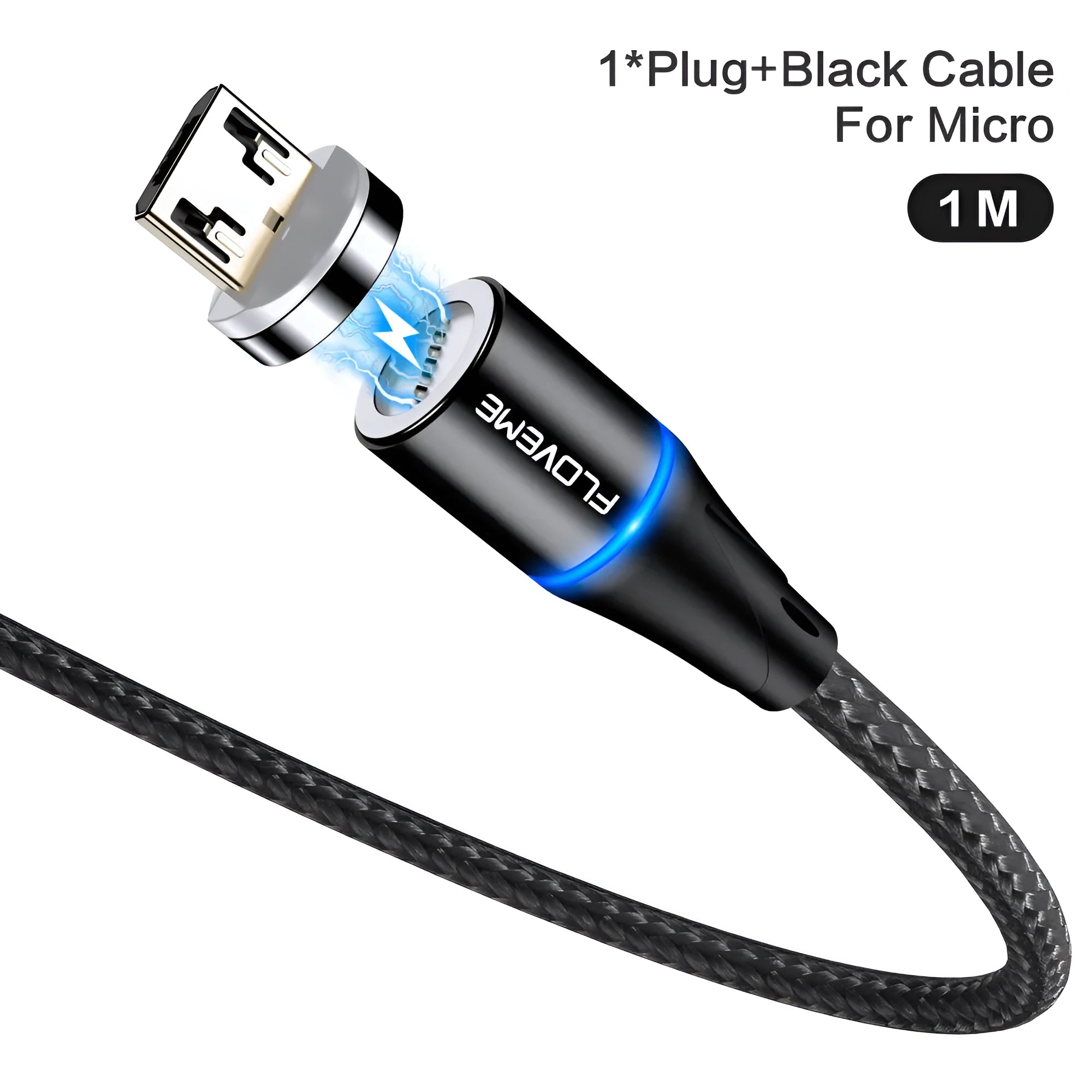 Black magnetic fast-charge data cable with glowing side lights next to a smartphone.