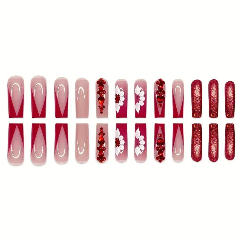Sweet flower pattern fake nails with prismatic red diamond design in European square long shape