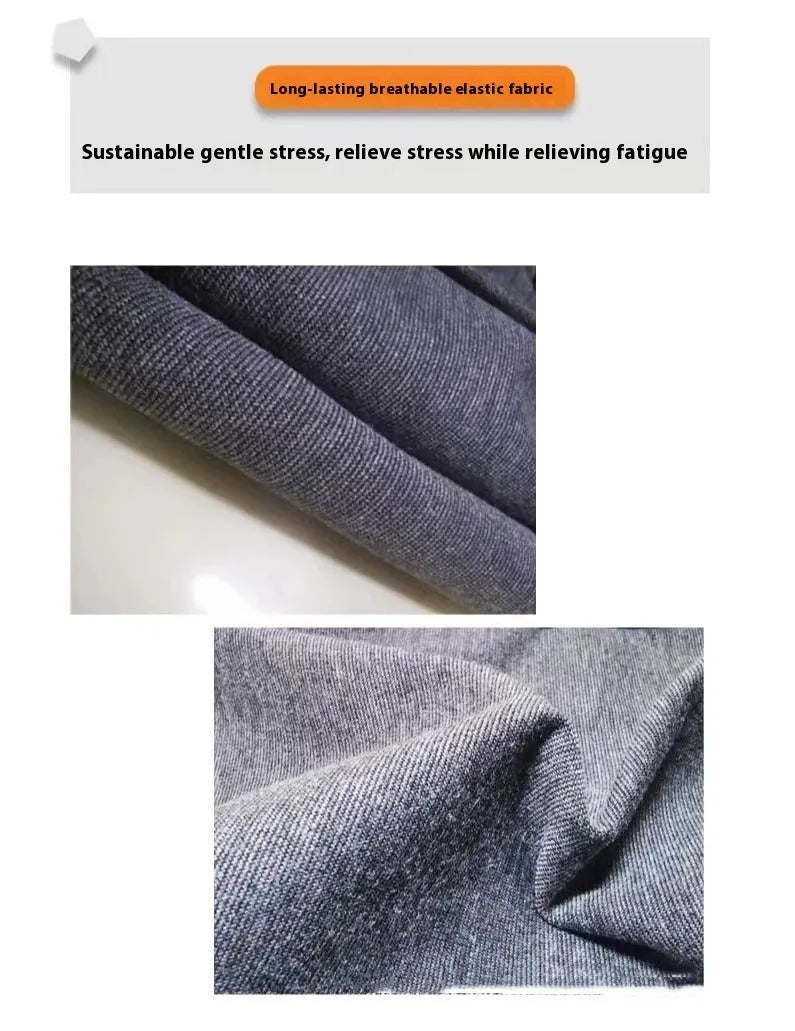 Heather grey dog anxiety vest jacket on a model, showing brocade cotton ponte-de-roma fabric and fit.
