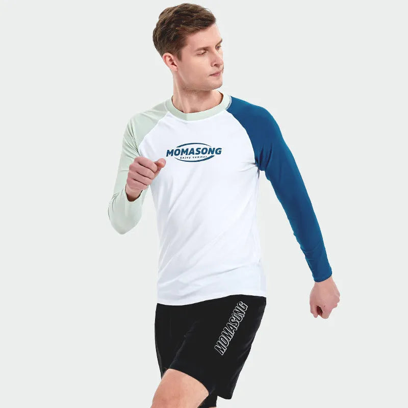 Men's white long-sleeved swim top with matching double layer beach swim trousers set