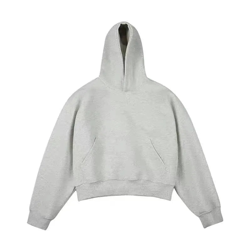Short version Chinese cotton composite hooded sweater in dark grey with removable hood and long sleeves.