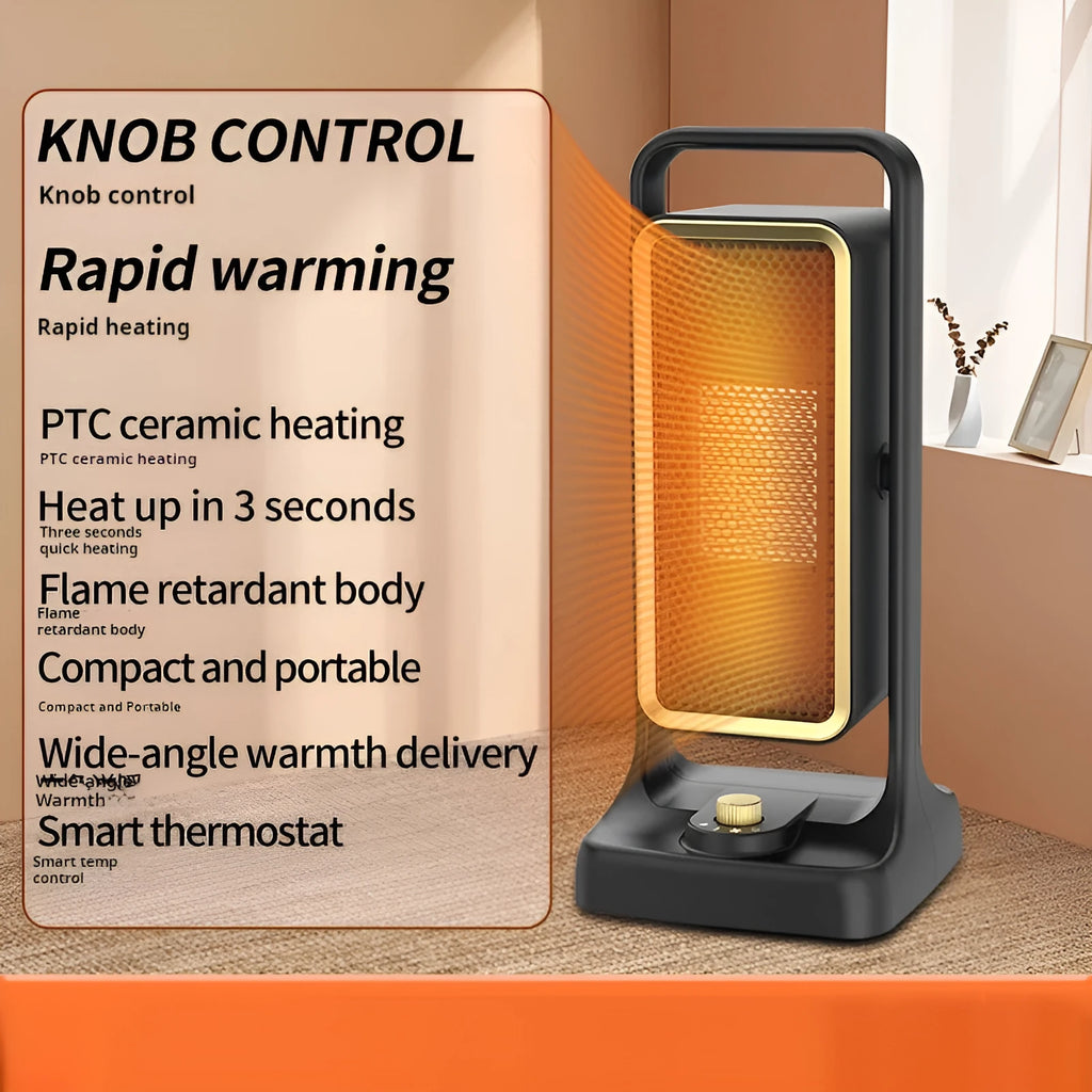 Black PTC ceramic desktop heater with adjustable power settings and three-speed fan for rooms up to 20 square metres