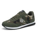 Men's and women's low-top camouflage sports shoes with suede upper and flat foam sole.