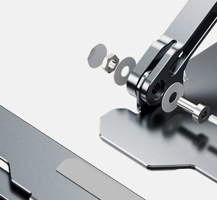 Aluminium adjustable laptop stand in folded and unfolded positions showing grey colour option