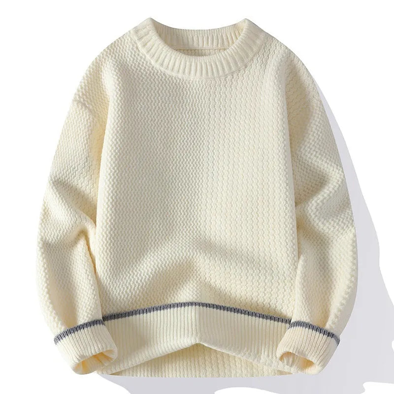 Grey men's casual loose fit round neck long sleeve knitwear sweater on a hanger.