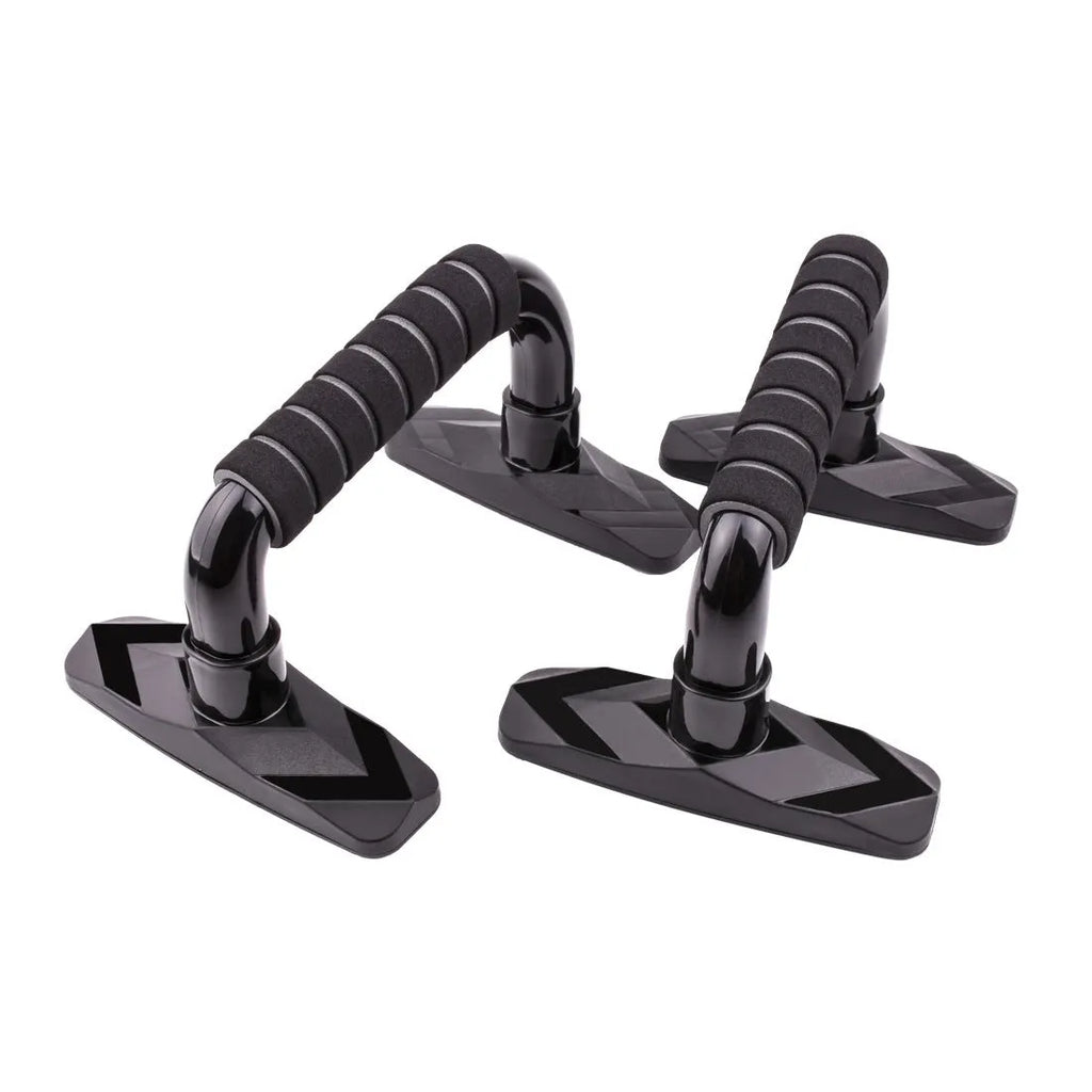 Pair of I-shaped push up bars with coloured PP sponge coating for home fitness training.